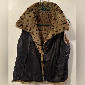 Reversible Fur Vest in Leopard & Satin Black with Pockets - Size S/M